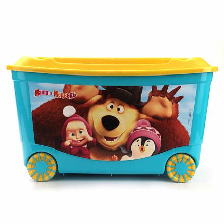Ящик для игрушек на колесах с аппликацией "Маша и Медведь", голубой 
